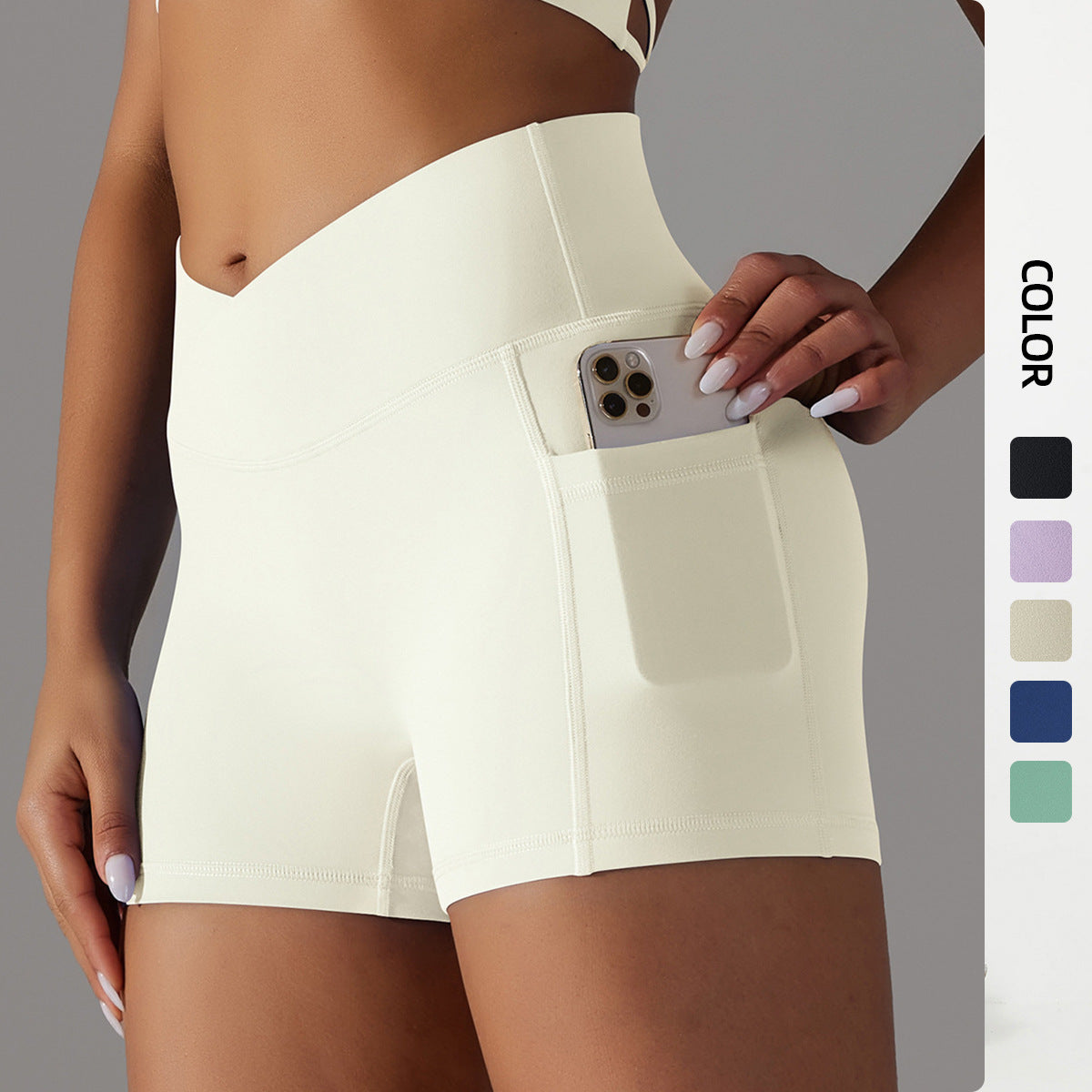 Reversible polyamide wool crossed V-waist pocket yoga shorts three-quarter pants 10colors