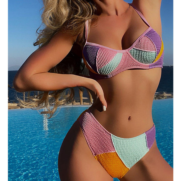2023 New Sexy Splicing Steel Support Bikini Swimsuit High Waist Fashion Beach Split Swimsuit 2 Colors