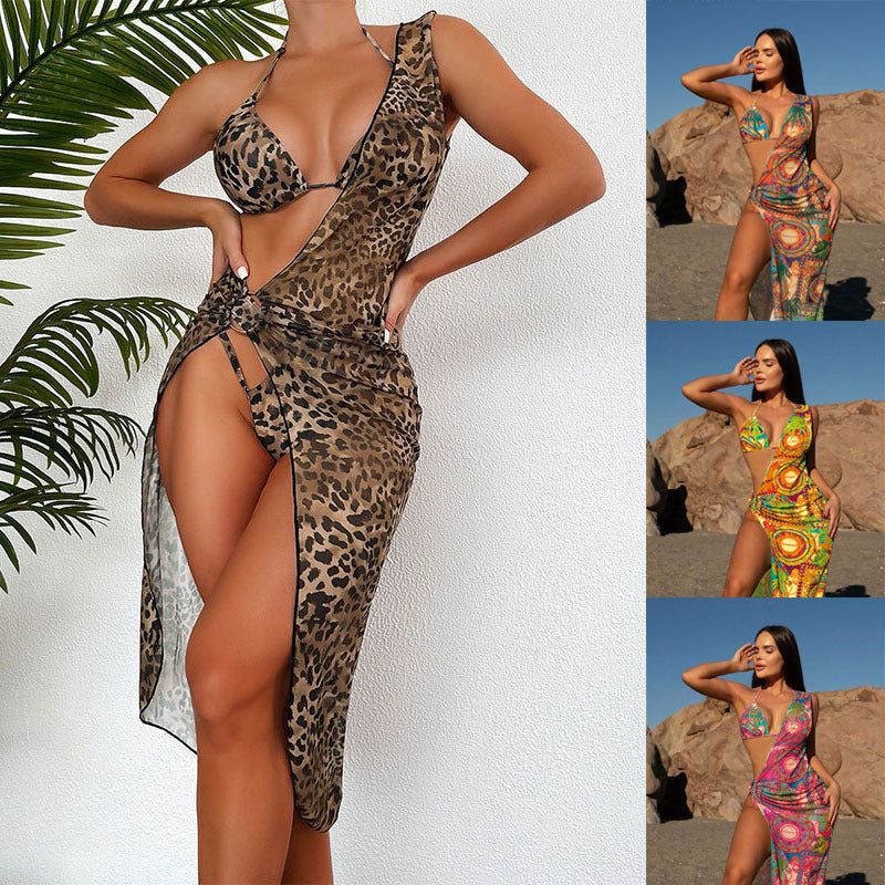 2023 New Leopard Print Sunscreen Three-piece Mesh Swimsuit Women's Bikini Beach Swimsuit 6 Colors
