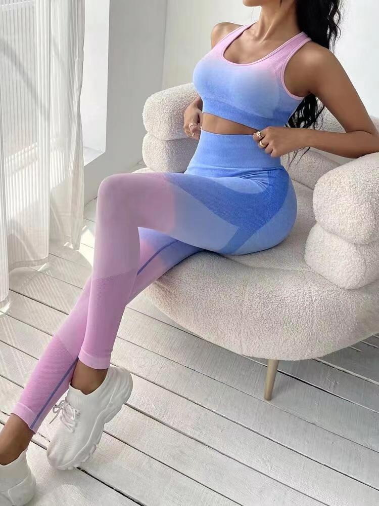 New Summer Seamless Gradient Fitness 2 Pieces Yoga Suit Breathable Sports Bra High Waist Hip Lifting Trousers Women