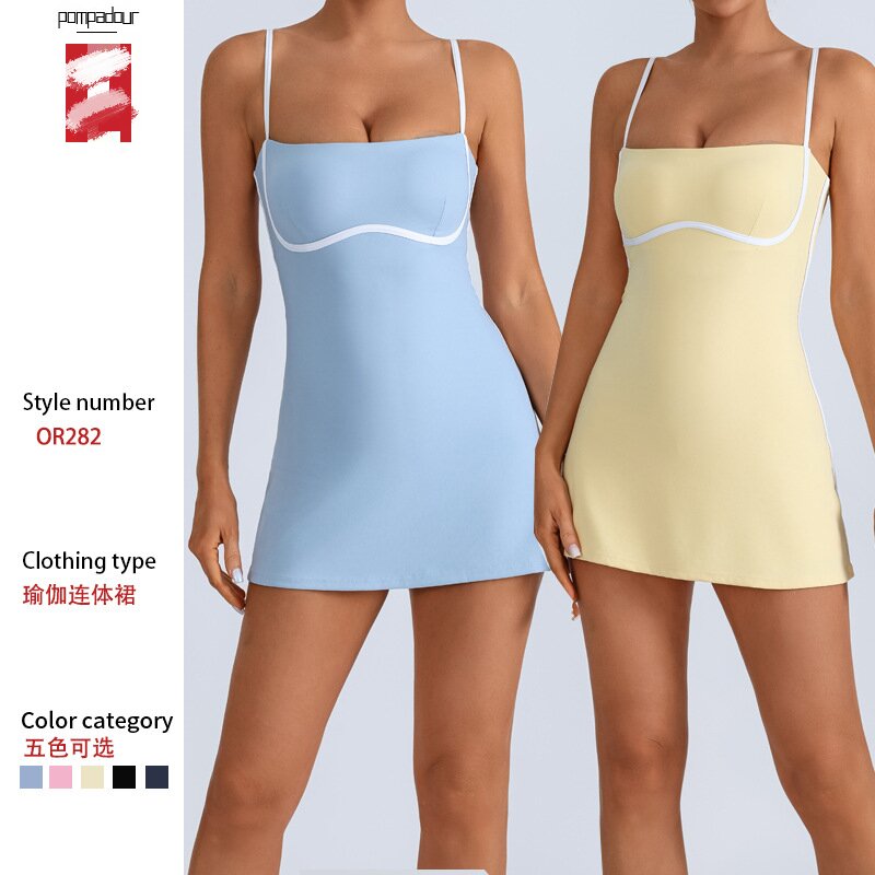 Yoga one-piece dress female color with breast pad anti - skittering sports fitness training tennis skirt