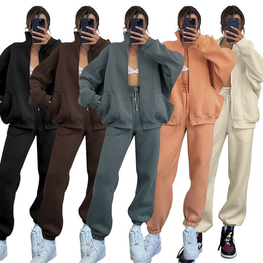 211340 Solid color stand collar cardigan long sleeve hoodie pant suit 5colors