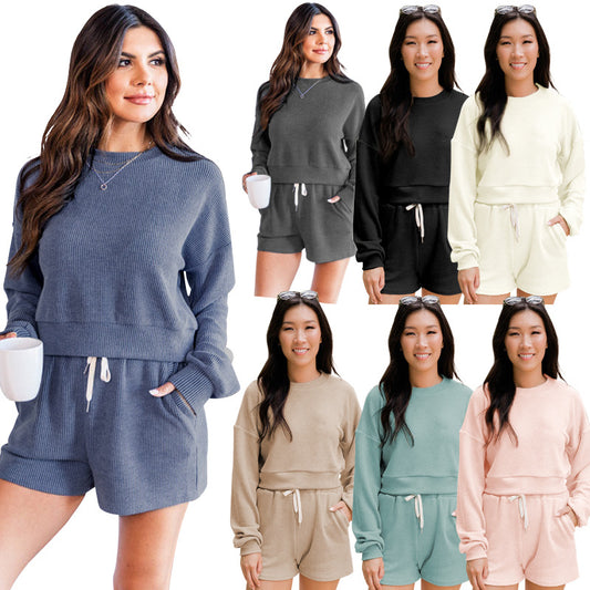 211245 solid color round neck long sleeve hoodie shorts set 7 colors