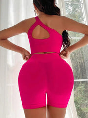 Seamless One-shoulder Bra Shorts 2-piece Suit Yoga Vest Sports Fitness Pants Women 3 Colors