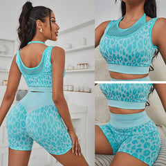 Seamless Cheetah Fitness 2 Pieces Yoga Set Sports Bra High Waist Hip Lifting Shorts Women