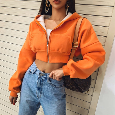 2023 spring and autumn new Korean style personality street pure color thin hooded cardigan zipper short sweater simple casual 3 colors