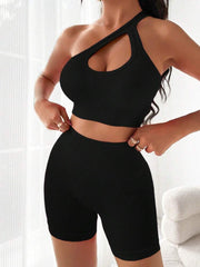 Seamless One-shoulder Bra Shorts 2-piece Suit Yoga Vest Sports Fitness Pants Women 3 Colors