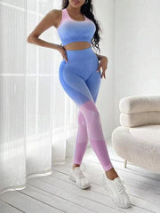New Summer Seamless Gradient Fitness 2 Pieces Yoga Suit Breathable Sports Bra High Waist Hip Lifting Trousers Women