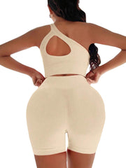 Seamless One-shoulder Bra Shorts 2-piece Suit Yoga Vest Sports Fitness Pants Women 3 Colors