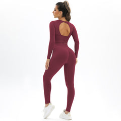 New Peach Seamless Knitting Backless High Elastic Long Sleeve Yoga Suit Sports Running Fitness Two-piece Women 6 Colors