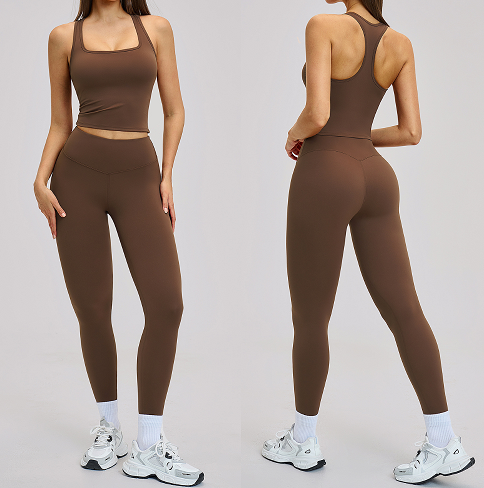 Solid Color Brushed Double-Sided Fitted Ribbed Racerback Sports Set, 2-Piece Yoga Outfit for Running & Fitness
