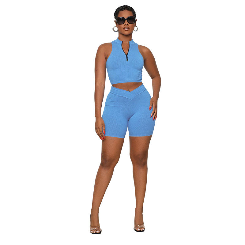 211322 Solid color sleeveless zipper neck crop fashion casual shorts set 7colors