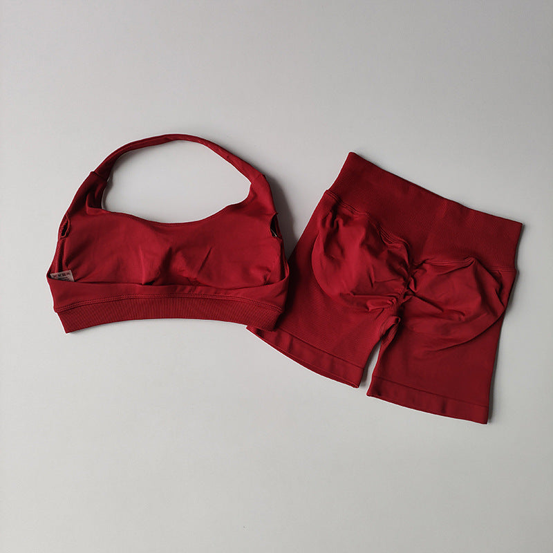 Women Halter Neck High Waist Yoga Tracksuit Slim Fitness Shorts Set