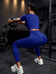 2pcs Seamless High Stretch Yoga Set Sports Suit Scoop Neck Top Tummy Control Leggings 4 Colors