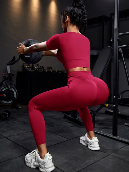2pcs Seamless High Stretch Yoga Set Sports Suit Scoop Neck Top Tummy Control Leggings 4 Colors