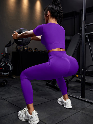 2pcs Seamless High Stretch Yoga Set Sports Suit Scoop Neck Top Tummy Control Leggings 4 Colors
