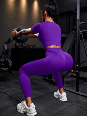 2pcs Seamless High Stretch Yoga Set Sports Suit Scoop Neck Top Tummy Control Leggings 4 Colors