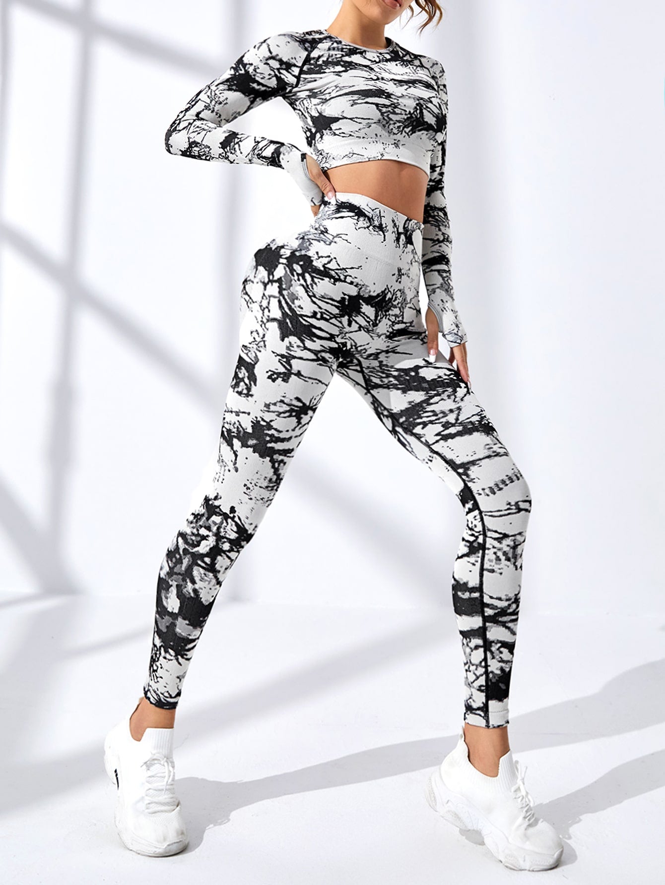 2pcs seamless high stretch tie dye yoga set raglan sleeve sports tee tummy control leggings 4 colors