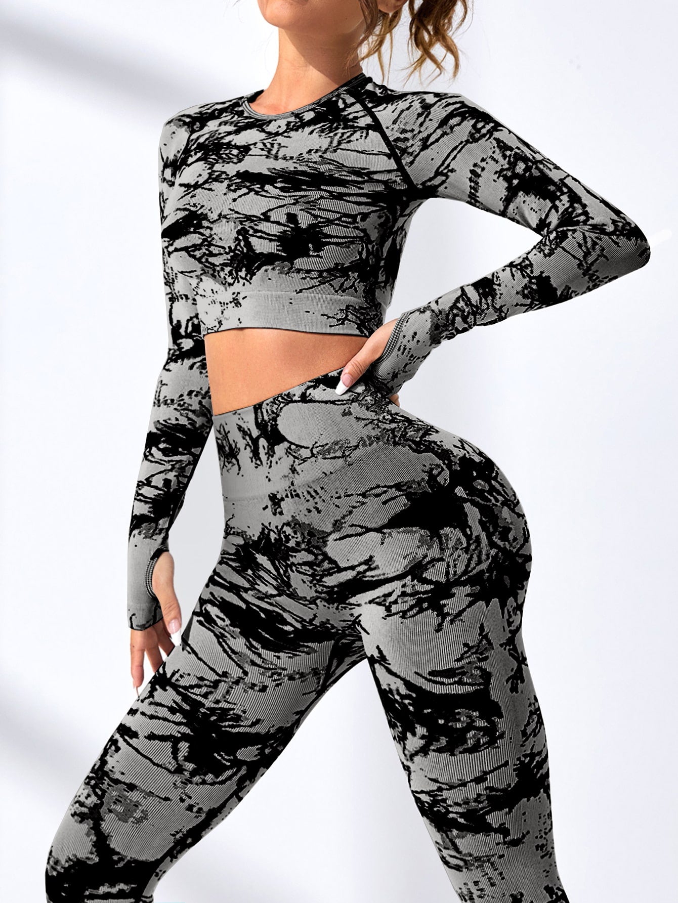 2pcs seamless high stretch tie dye yoga set raglan sleeve sports tee tummy control leggings 4 colors