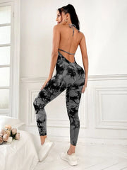 Allover print backless sports jumpsuit 4 colors