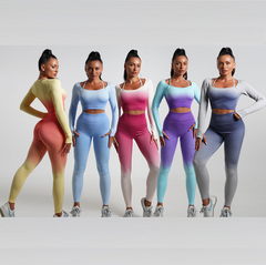 New Arrival Seamless Tight Yoga Suit Long Sleeve Gradient Sports Fitness Elastic Two-piece Female 5 Colors