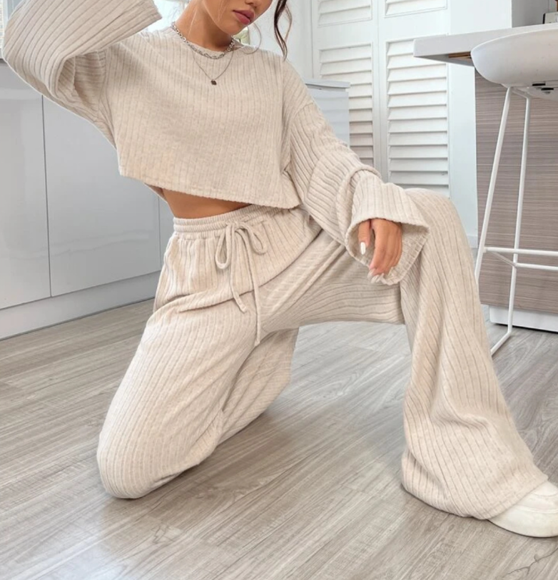 Home wear knitted long-sleeved women's suit 4color