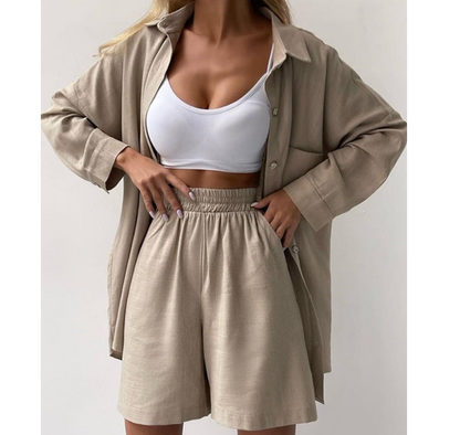 New solid color single-breasted long-sleeved shirt loose fashion casual shorts set 7 colors