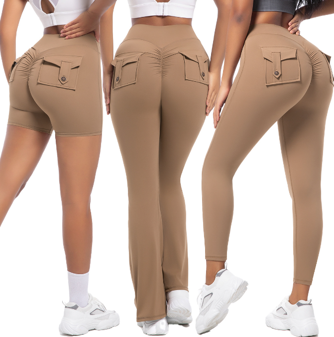 Peach cargo tights high-waisted stretch button-up yoga pants