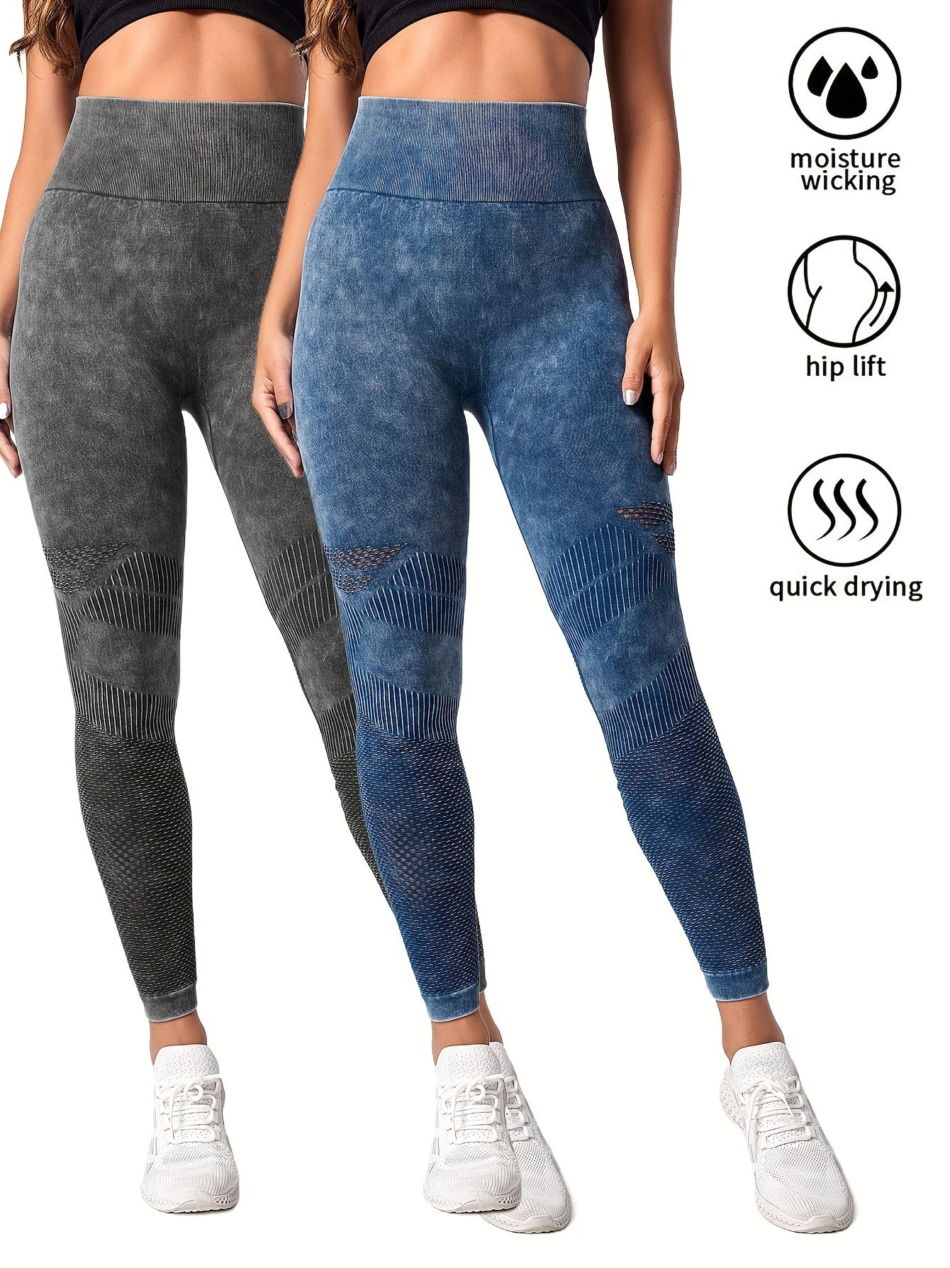 2 Pack Women's Seamless Washed Wide Waistband Sports Leggings, Women's High Waist Yoga Leggings, Textured Tummy Control Ruched Booty Tights Push Up Yoga Pants