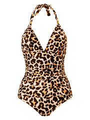 New One-piece Swimsuit Conservative Leopard Print Halter Neck Red Halter Swimsuit 5 Colors