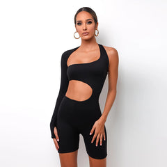 Long-sleeved one-shoulder fashion romper Sexy Spice cutout sports romper 5 colors