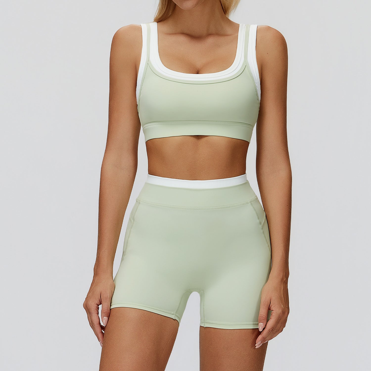 Nude Feel Color Block Yoga Set, Ribbed High Waist Outdoor Fitness Wear