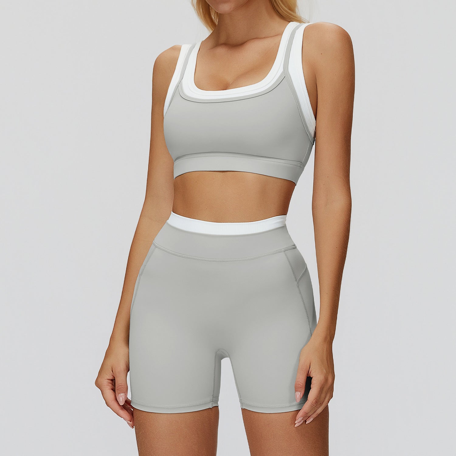 Nude Feel Color Block Yoga Set, Ribbed High Waist Outdoor Fitness Wear