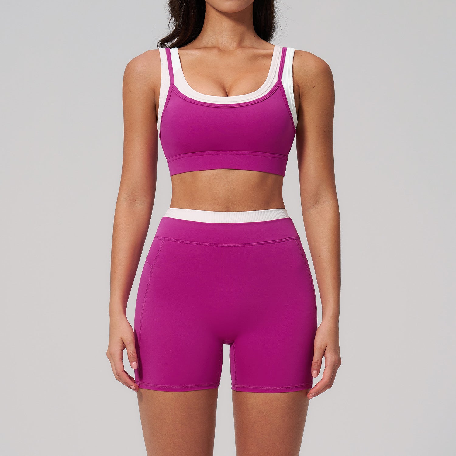 Nude Feel Color Block Yoga Set, Ribbed High Waist Outdoor Fitness Wear