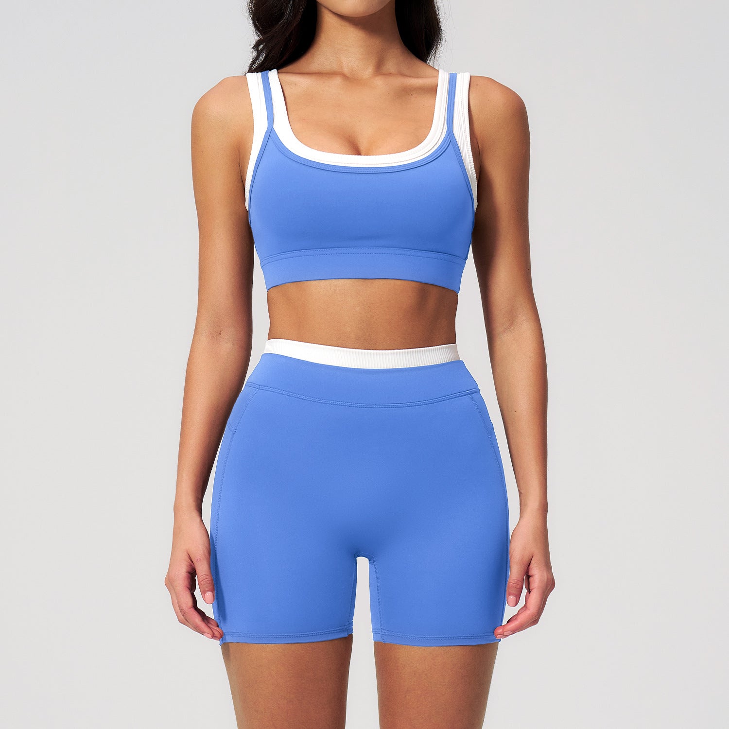 Nude Feel Color Block Yoga Set, Ribbed High Waist Outdoor Fitness Wear