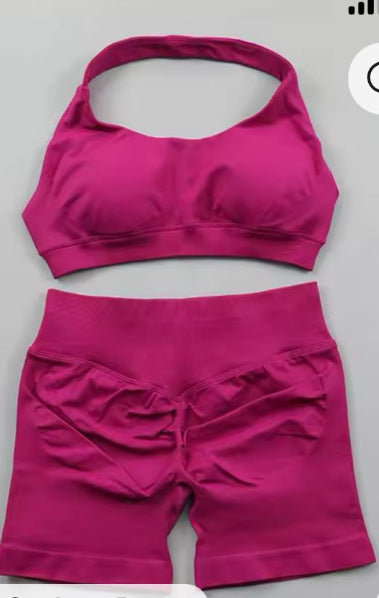 Women Halter Neck High Waist Yoga Tracksuit Slim Fitness Shorts Set 1