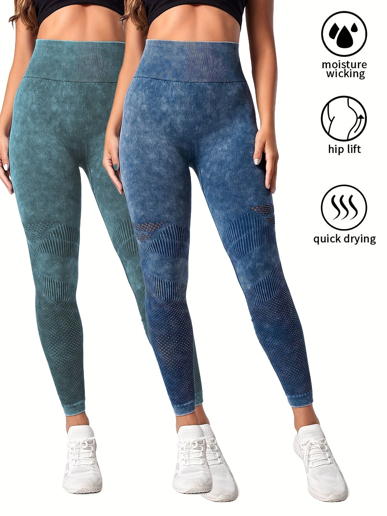 2 Pack Women's Seamless Washed Wide Waistband Sports Leggings, Women's High Waist Yoga Leggings, Textured Tummy Control Ruched Booty Tights Push Up Yoga Pants