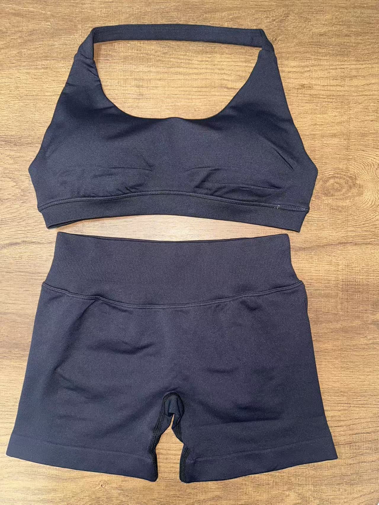 Women Halter Neck High Waist Yoga Tracksuit Slim Fitness Shorts Set 1