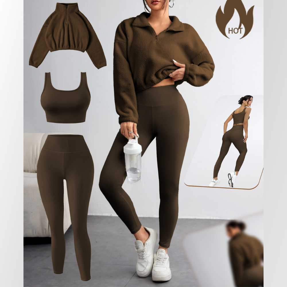 New polar fleece half - zipper high - neck hoodie three - piece vest trousers female sports fitness