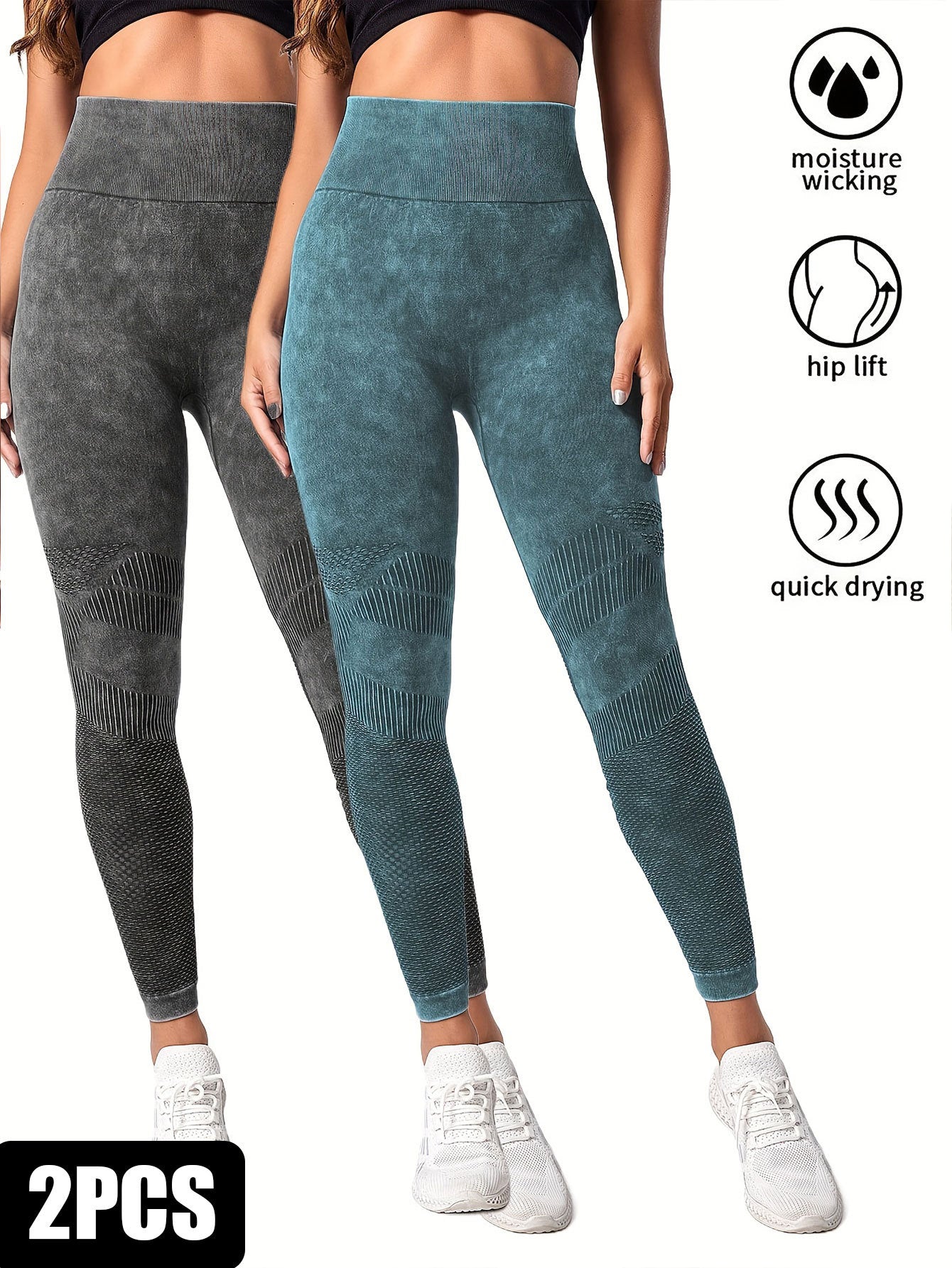 2 Pack Women's Seamless Washed Wide Waistband Sports Leggings, Women's High Waist Yoga Leggings, Textured Tummy Control Ruched Booty Tights Push Up Yoga Pants