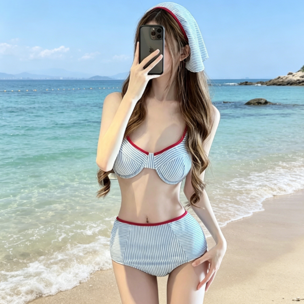 Women's Summer 3-Piece Bikini Set, Sexy Push Up with Underwire, Retro Stripes, Thailand New Arrival, Pure Desire Vacation Style