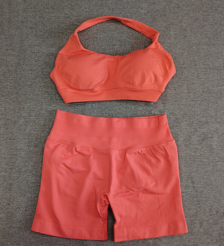 Women Halter Neck High Waist Yoga Tracksuit Slim Fitness Shorts Set 1
