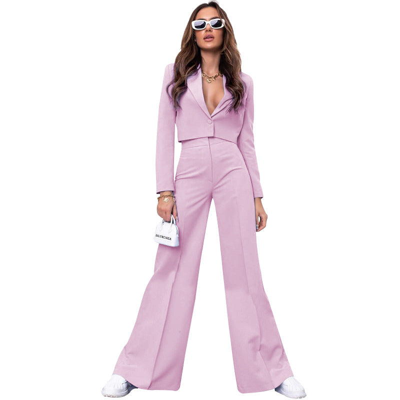 Solid color short long sleeve small suit fashion high waist wide leg pant suit 211290