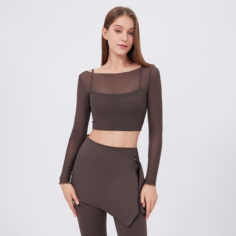 Mock Two-Piece Mesh Long Sleeve Cropped Top with Built-in Padded Bra + Flare Leg Pants & Detachable Skort 3-Piece Set