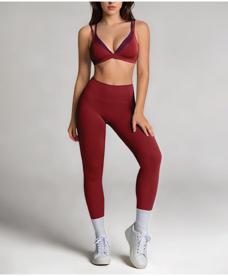 Women's Fake Two-piece Stylish Sports Bra High Waist Hip Lift Long Pants Set, Casual Outdoor Running Sportswear