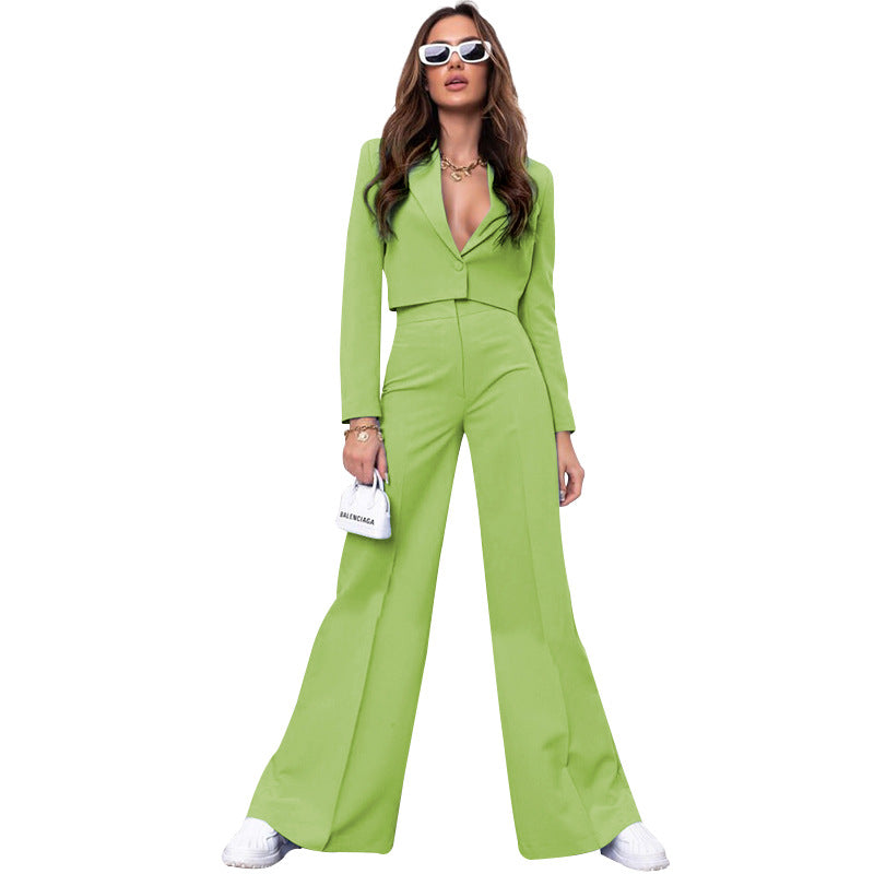 Solid color short long sleeve small suit fashion high waist wide leg pant suit 211290