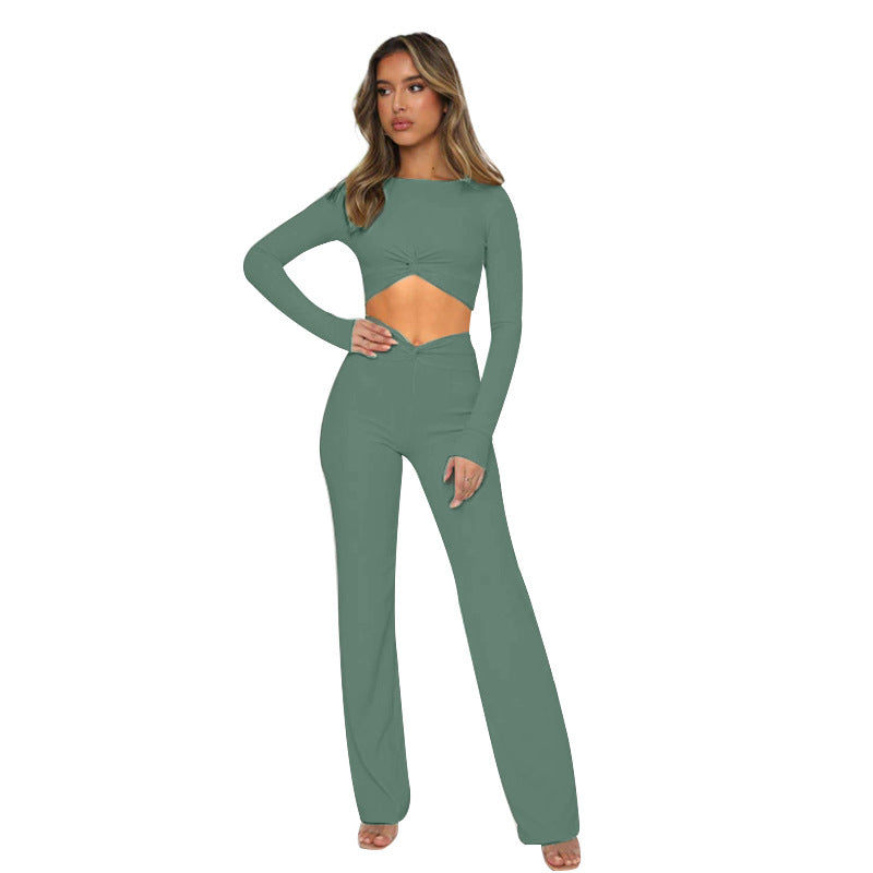 Solid color crew-neck, crop, long-sleeved pantsuit 6COLOR