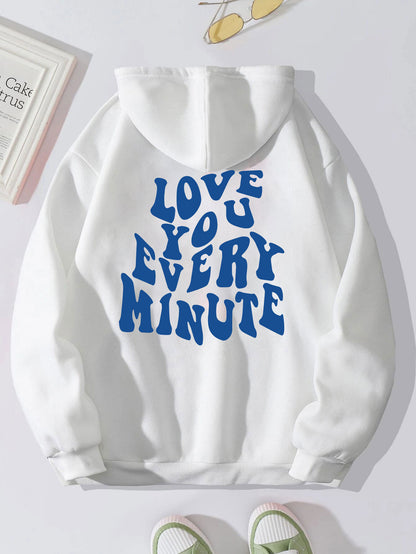 Fleece hoodie plain letter print pocket drawstring print hoodie
