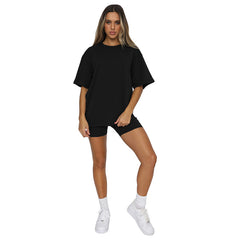 Solid color short-sleeved crew neck blouse casual shorts fashion suit 4COLOR