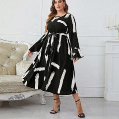 Black and white feature neckline trumpet plus size long dress